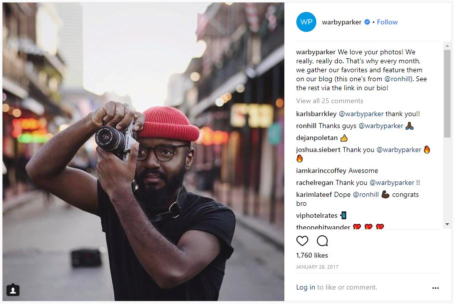 Man with a camera photo on Warby Parker's Instagram Feed