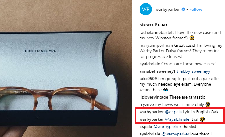 Warby Parker Instagram feed featuring their response to customers