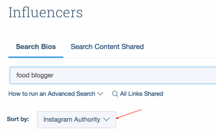 Buzzsumo Sort by Instagram Authority Example