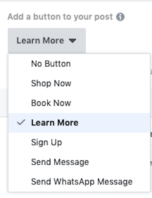 Facebook Ads CTA Options Dropdown List