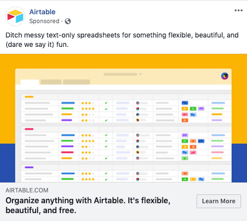 Airtable CTA Facebook Ads Learn More Option Example