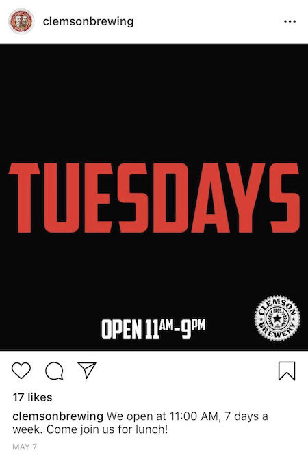 clemson brewing tuesday instagram post